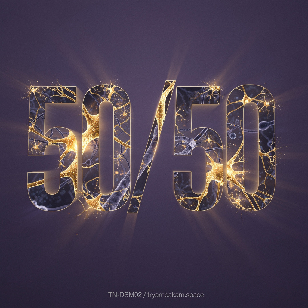 Gold-lit dopamine circuitry suspended in a 50/50 uncertainty field.
