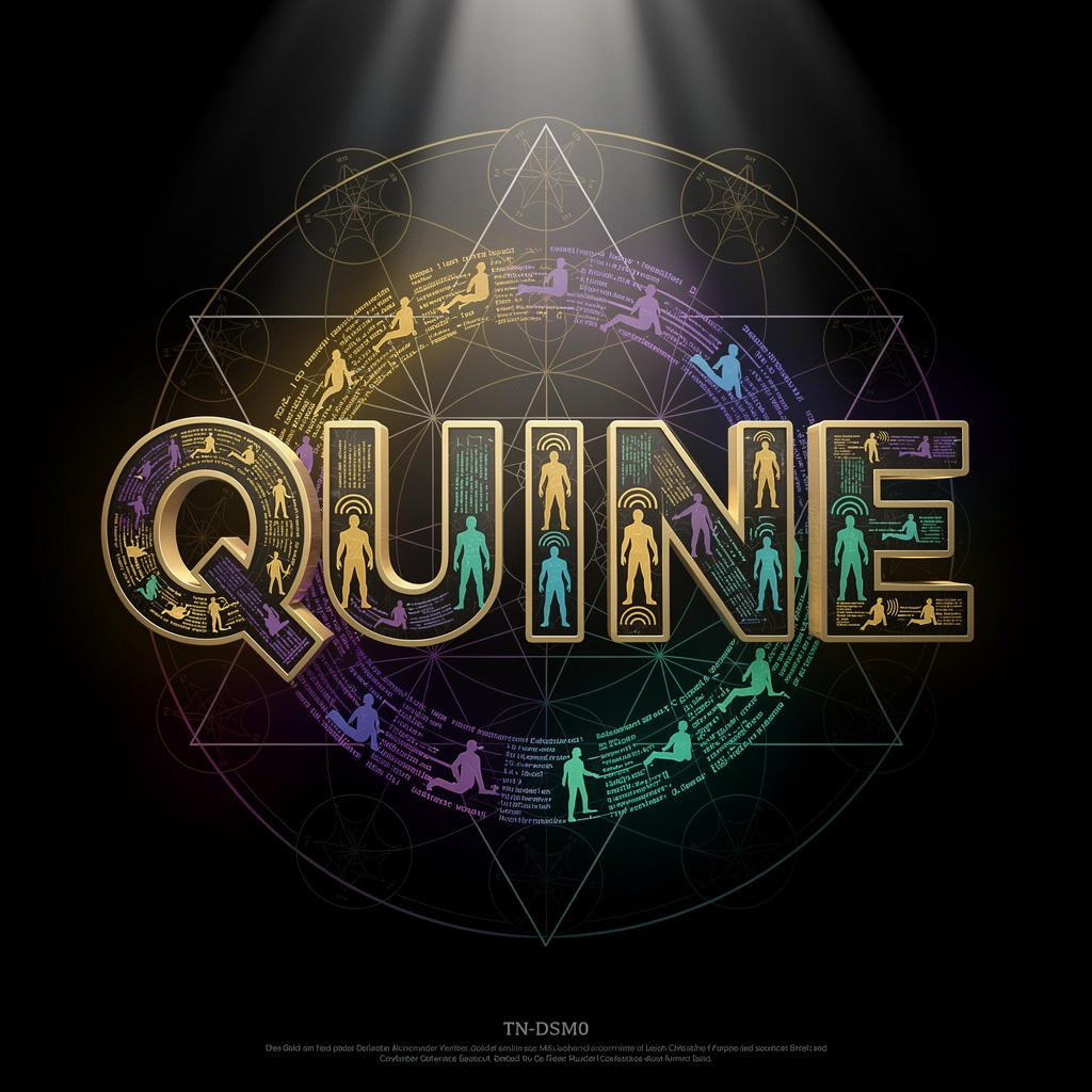 A recursive ouroboros loops around human silhouettes and source code.