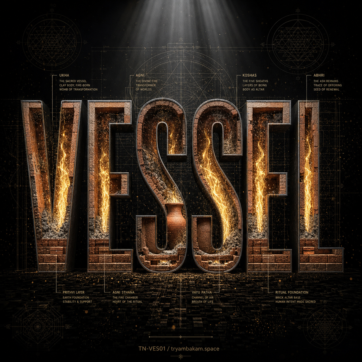 Massive bold VESSEL letterforms rendered as brick-and-terracotta, golden flames rising inside the hollow negative space of each character, sacred sri-yantra geometry faint in the corners, four annotations across the top labeling ukha, agni, koshas, abhri, four foundation labels across the bottom for the ritual altar layers