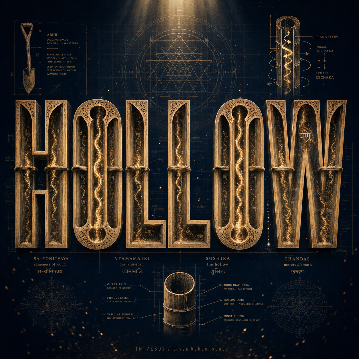 Bold HOLLOW letterforms rendered as bamboo with each letter's central channel showing through, golden fire-tongues threading vertically through the hollow cavity inside each character, bamboo node-bands visible as horizontal constrictions, an abhri-spade diagram top-left, a prana-flow spiral diagram top-right, four Devanagari-labeled annotations along the bottom for sa-yonitvaya, vyamamatri, sushira, chandas, with a detailed bamboo cross-section centered at the base