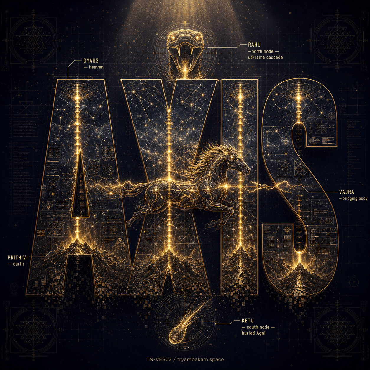 Bold AXIS letterforms in cosmic indigo and gold, each character split vertically with star-constellation textures in the upper half and earthy mountain anthill textures in the lower half, golden spines running down the middle of each letter from heaven to earth, a horse-vajra creature crackling with lightning rendered across the center of the composition as the bridging body, a serpent-head Rahu glyph at the top, a comet-tail Ketu glyph at the bottom, five annotations labeling dyaus, prithivi, rahu, ketu, and vajra