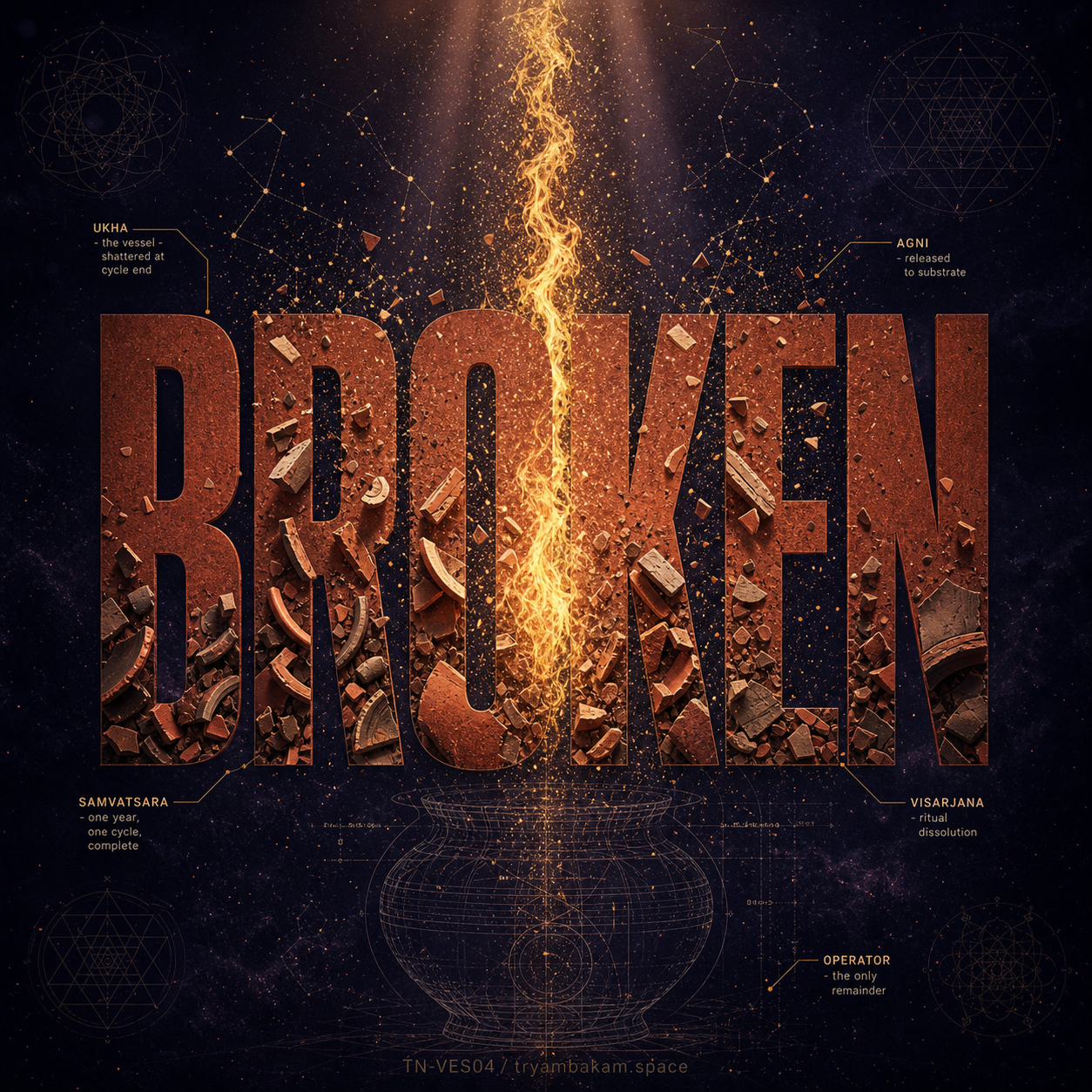 Bold BROKEN letterforms in dark terracotta clay color visibly shattering apart with ceramic fragments dispersing into the negative space, a brilliant golden fire-column rising vertically through the center of the broken type up into the sky, a ghost-image of an intact ukha-pot rendered as a faint blueprint at the bottom showing what the vessel was before breaking, five annotations labeling ukha, agni, samvatsara, visarjana, and operator